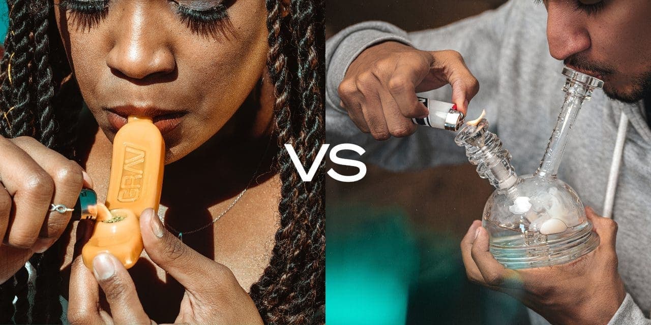 left side (woman using pipes in smoking weed), right side (man using bong in smoking weed)