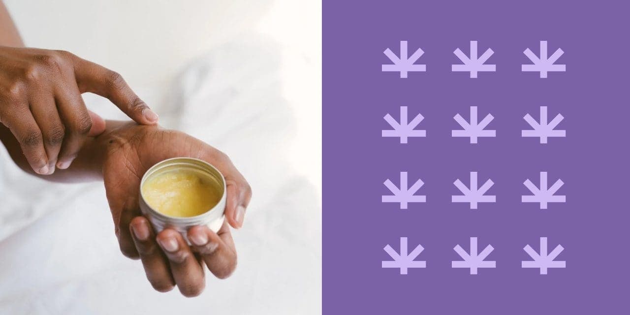 Persona preparando una pomada, y símbolos de marihuana.